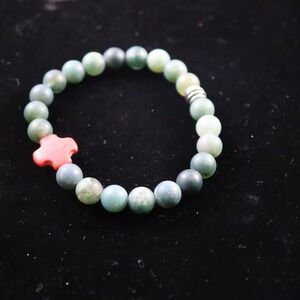 Beaded Bracelet Unisex OS Green Red Cross Stone Stretch Religious Boho